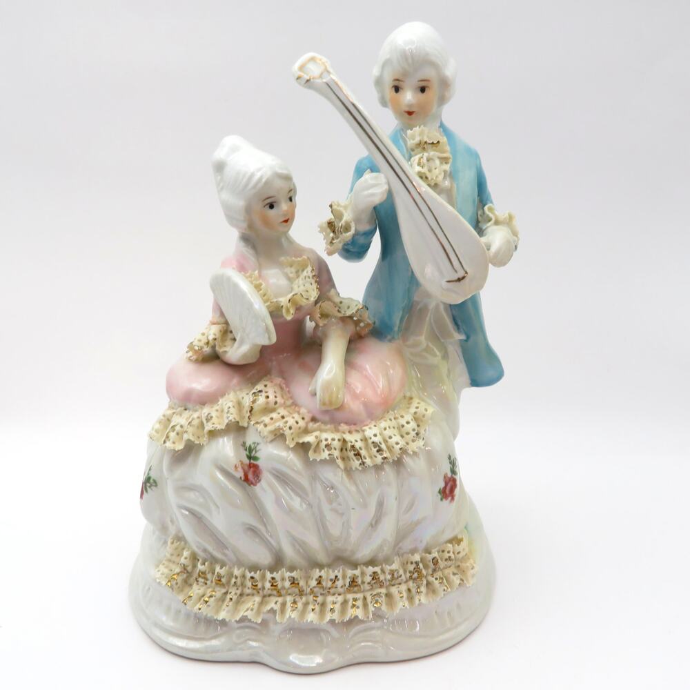Vintage Porcelain Couple Figurine Rococo Victorian Style Musician and Lady 7.5"